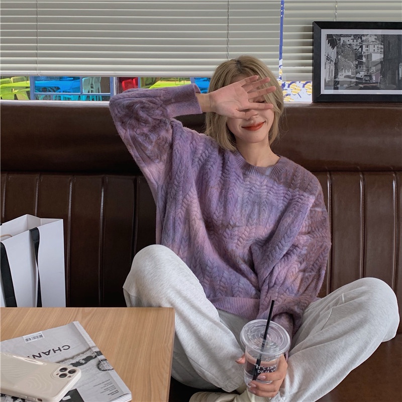 ZHELIHANGFEI Áo Sweater Dệt Kim Dáng Rộng Phối Màu Nhuộm Kiểu Retro Thời Trang