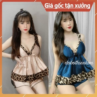 Đồ ngủ 2 dây phi lụa phối viền beo, set đồ ngủ có mút vải mềm đẹp