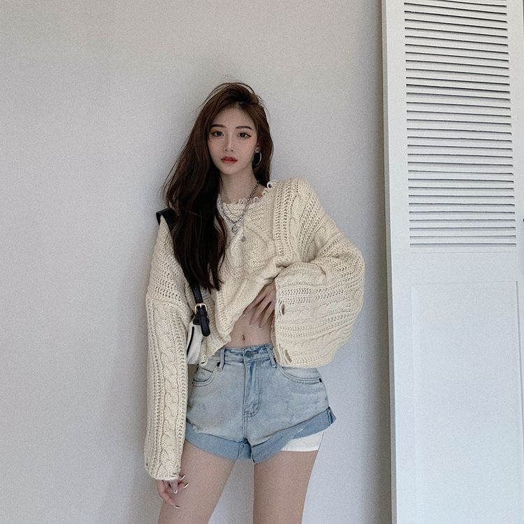 Áo Sweater Dệt Kim Dáng Rộng Viền Thô Phong Cách Phương Tây Thời Trang Xuân Thu