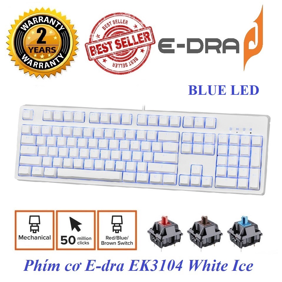 Phím cơ E-Dra EK3104 White Ice/ Led xanh cực chất version 2021 (Blue/ Brown/ Red switch) BH 2 năm