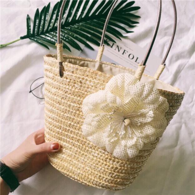 Túi Cói Dáng Hộp Đính Hoa /Tặng phí đóng thùng đảm bảo