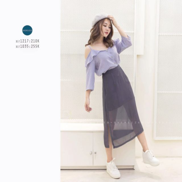 CHÂN VÁY MIDI NGẮN PHỐI VOAN XẺ TÀ E14-1