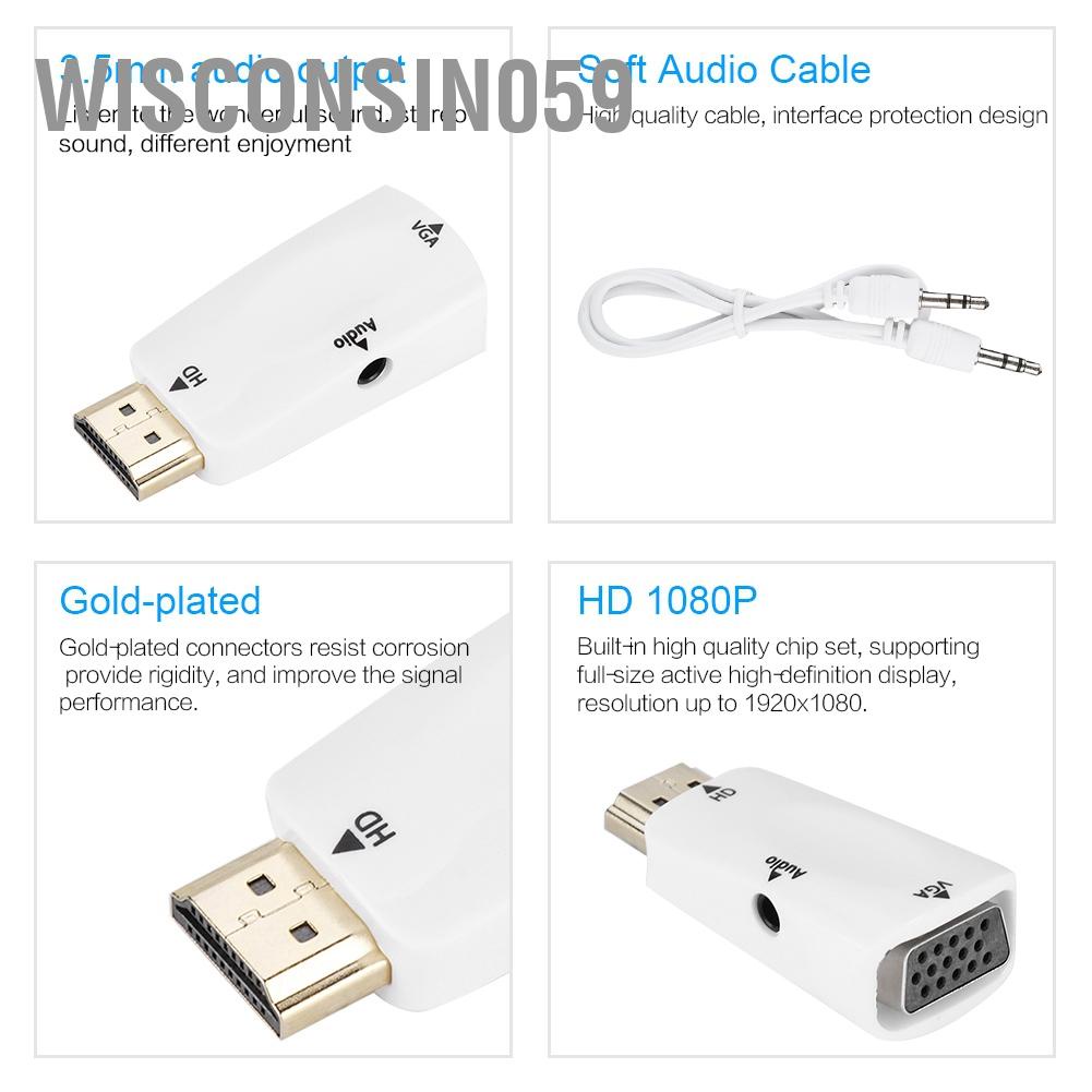 Wisconsin059 HD 1080P HDMI Female to VGA Converter Adapter with 3.5mm Audio Output Cable