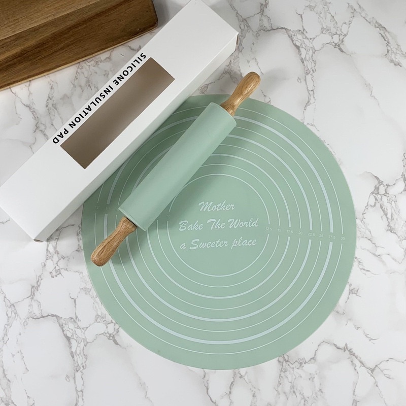 Thảm Silicon nhào bột Chống dính hình tròn kèm cây lăn bột silicone