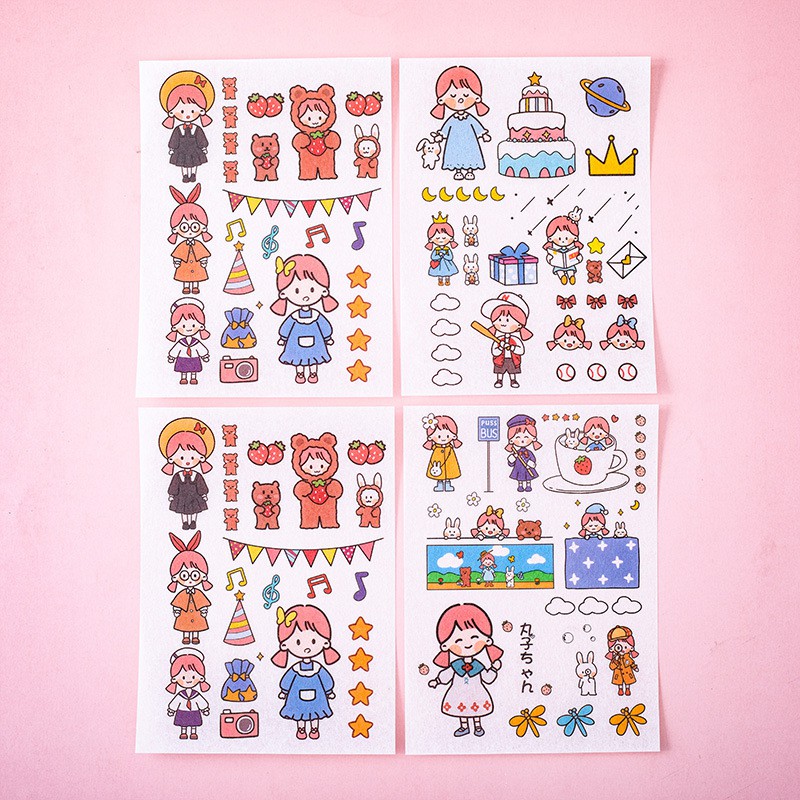 Sticker set 4 miếng họa tiết dễ thương, trang trí đồ dùng học tập