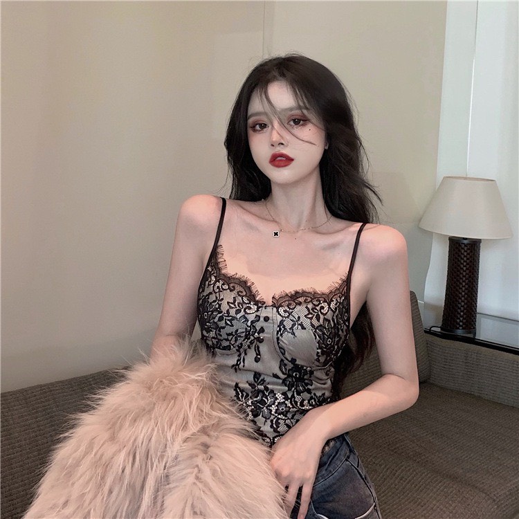 Áo Bra Ren 2 Dây Đính Khuy Dáng Croptop Chiết Eo Tôn Dáng Chun Lưng Co Giãn 877