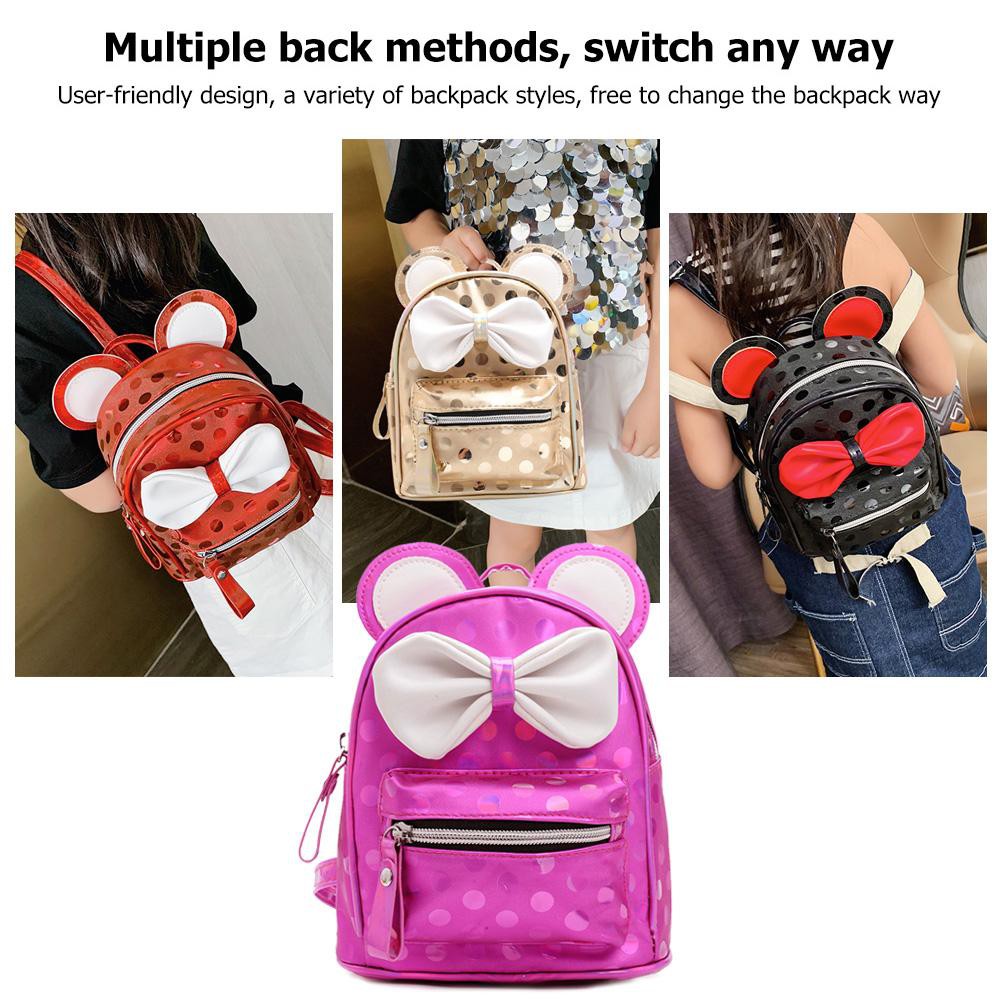 ♚Frendyest♚Cute Dot Bowknot Decor Travel Backpacks Kids Knapsack PU Leather Rucksack