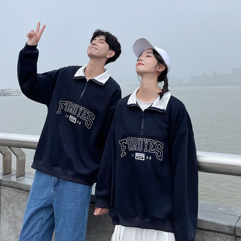 Áo Sweater Nữ Nỉ In Chữ FORUYES Cổ Cao Áo Thun Dài Tay Dáng Unisex