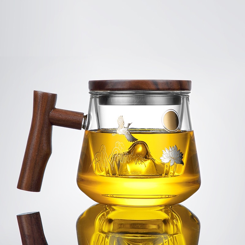Bình, Ly cốc thủy tinh pha trà có lõi lọc và nắp đậy (Tay Cầm Gỗ 450 ml)