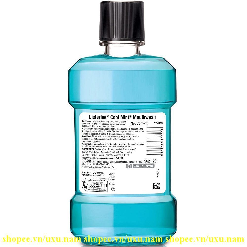 Nước Súc Miệng 250Ml Listerine Cool Mint Zero Alcohol, Của Hàng Chính Hãng.