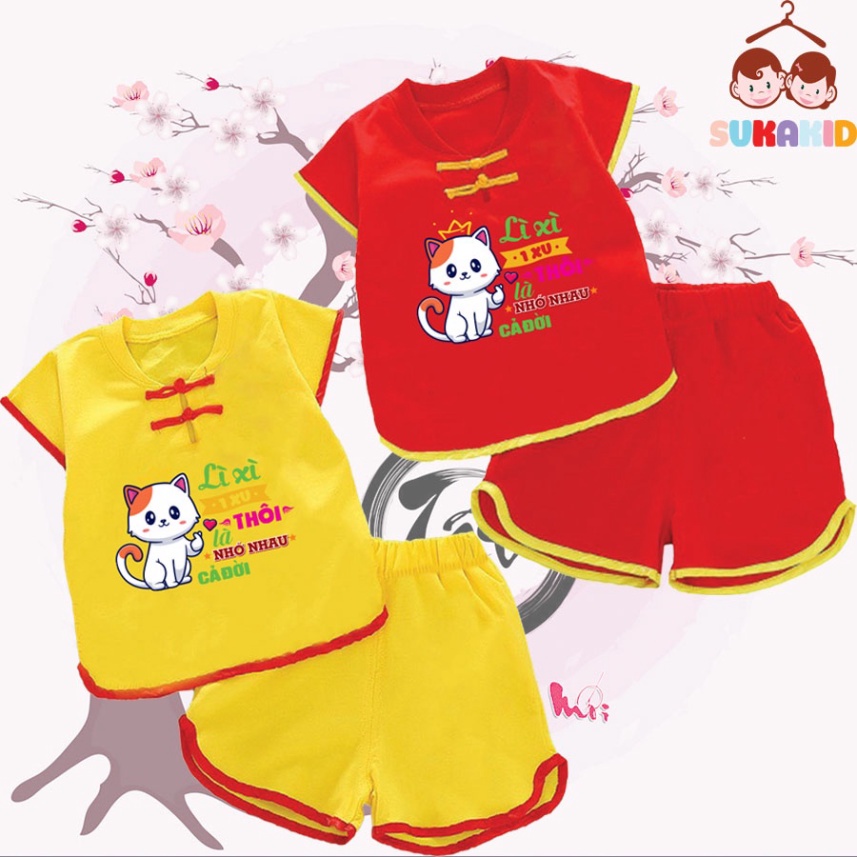 Gía sỉ Combo 2 Bộ quần áo tết hình mèo chử lì xì 1 xu la nhớ nhau cả đời cho bé từ 6kg-29kg.NT10.