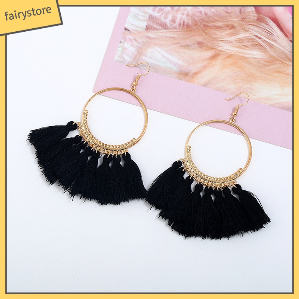 Khuyên Tai Tròn Đính Đá Phối Tua Rua Phong Cách Bohemian