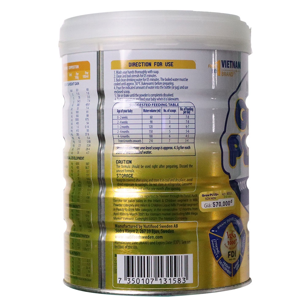 1 LON Sữa Grow Plus Vàng Sữa Non 0+ loại bột 850G