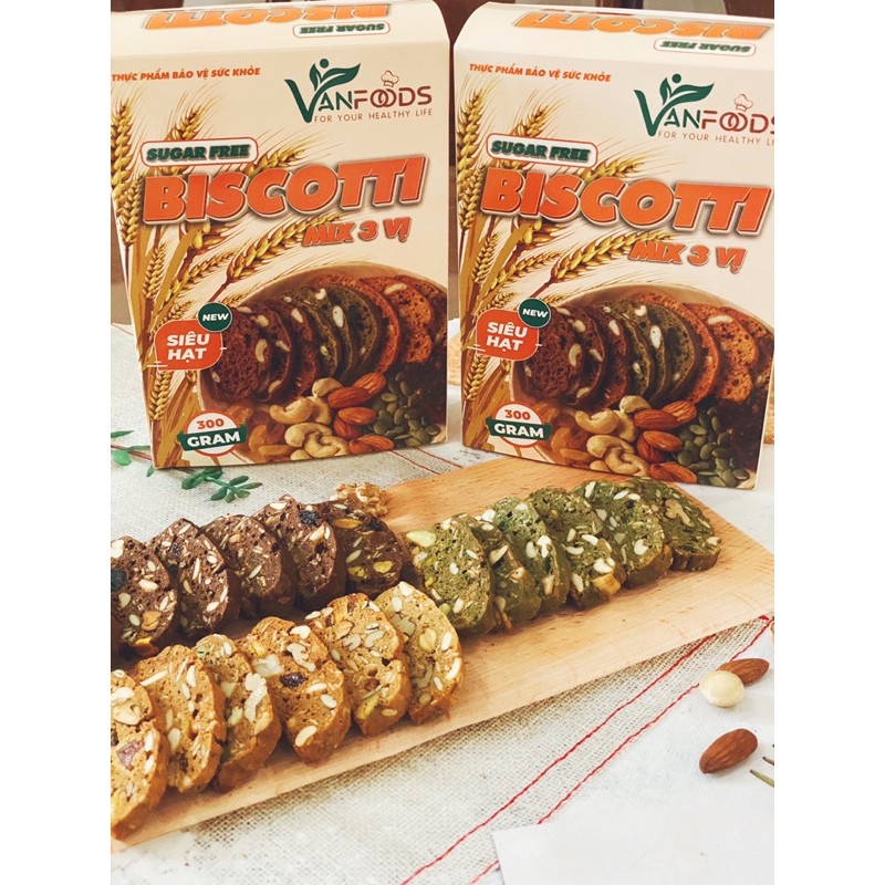 [MUA 2 GIẢM 10k]Biscotti ăn kiêng SIÊU HẠT HEALTHY mix 3 VỊ hộp 300gr-VanFood-BISCOTTI NGUYÊN CÁM-Vani,Trà xanh, socola