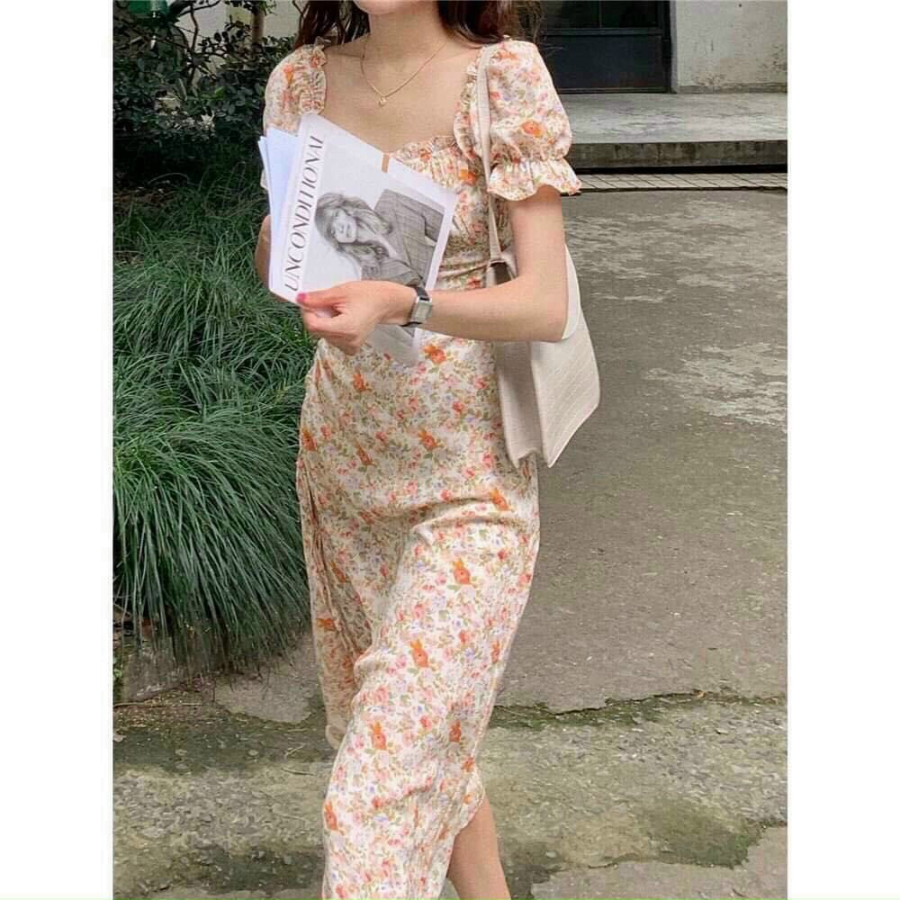 (Sale FreeShip) Đầm nữ dáng xòe nhẹ,đầm hoa nhí tay phồng rút dây xẻ tà quyến rũ,tone màu trẻ trung dễ mặc