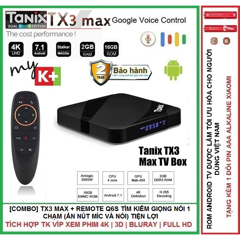 Android Tivi Box TX3 Max | Ram 2gb | Bộ nhớ trong 16gb | Bluetooth 4.0 | Android TV | MyK+