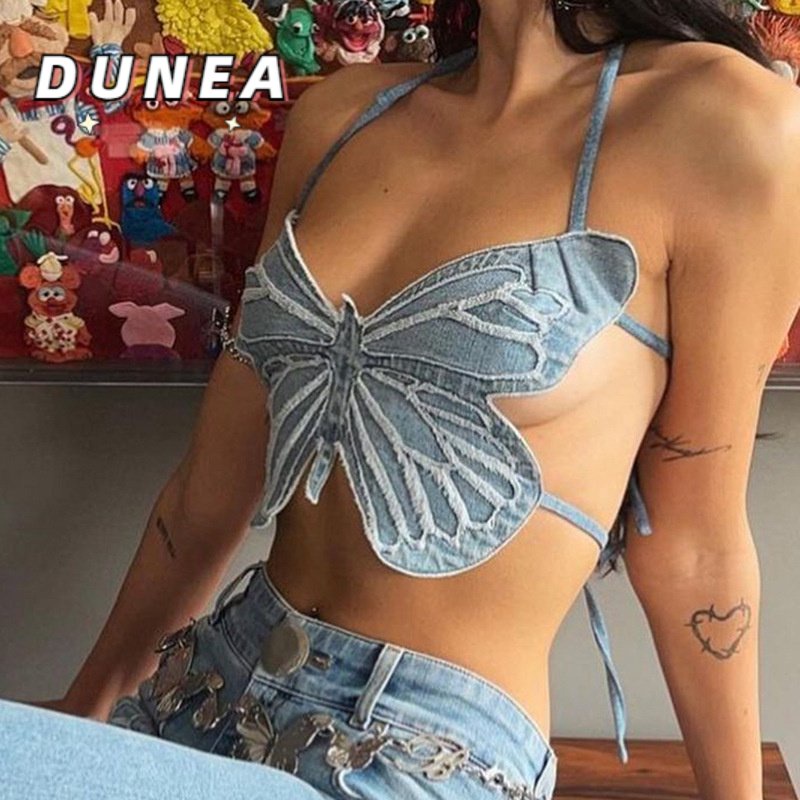 DUNEA Áo Denim Hai Dây Họa Tiết Bướm Gợi Cảm Cho Nữ