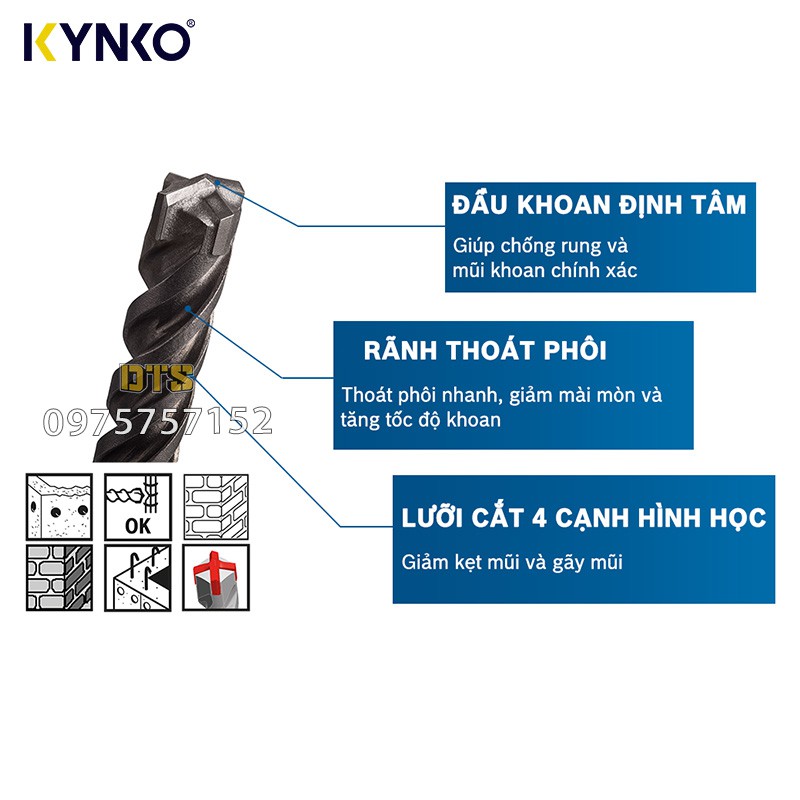 Mũi khoan bê tông công nghiệp đầu chữ thập chân gài SDS Plus KYNKO, thép HSS độ cứng cao, đầu khoan định tâm chống rung