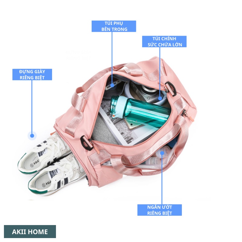 Túi trống du lịch có quai đeo, ngăn để giày riêng, chống nước cao cấp PINK Akii Home TX02