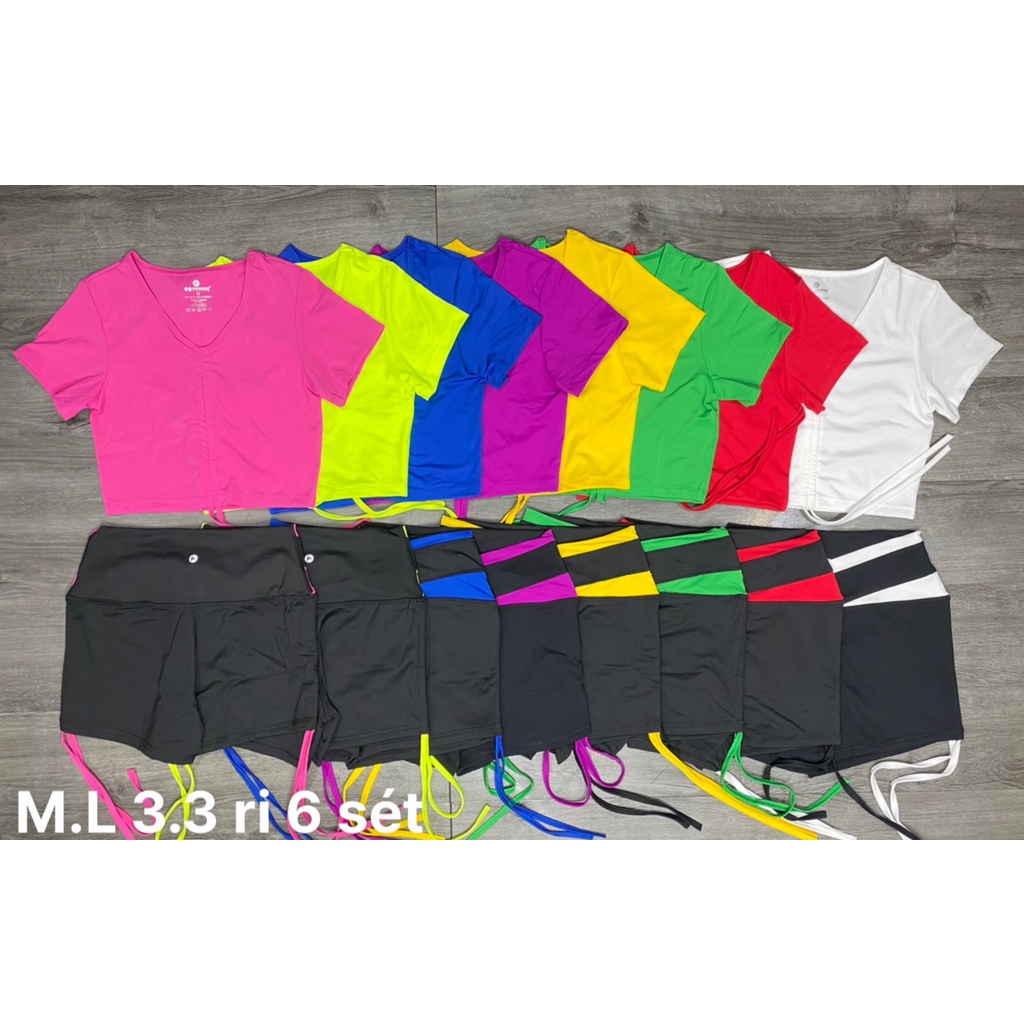 Set bộ đùi thể thao tập gym yoga nữ áo crop ngắn tay quần đùi cạp chéo dây rút phối màu cao cấp Bin Sport BN076