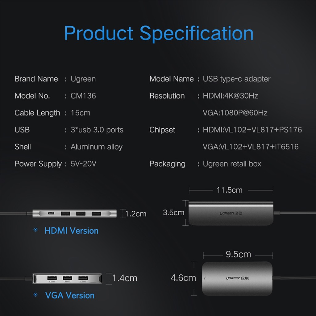 HUB USB type-C sang HDMI/ Hub USB 3.0 Cổng Sạc USB Type C UGREEN 50209 Chính hãng - Bộ Chia USB type C 5in1