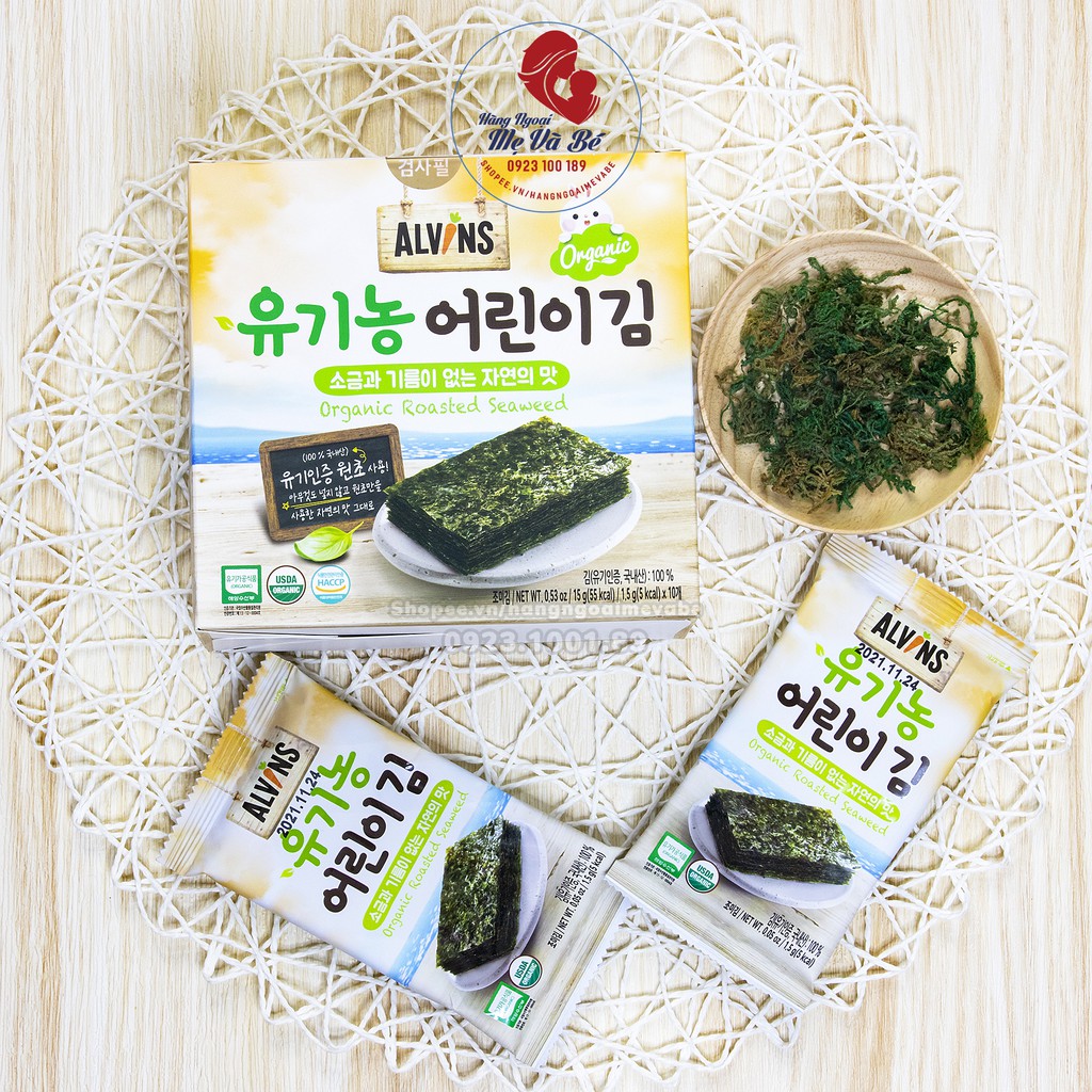 Rong biển TÁCH MUỐI ăn liền dạng lá ORGANIC ALVIN cho bé, rong biển ăn liền, rong biển hàn quốc [Date 1/2022]