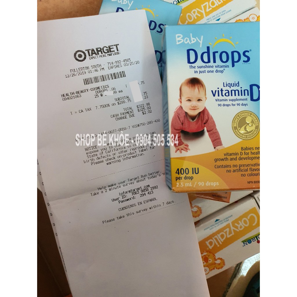 [Mã 258FMCGSALE giảm 7% đơn từ 500K] Vitamin D3 Drops - Baby DDrops bổ xung vitamin D cho bé 60 giọt và 90 giọt