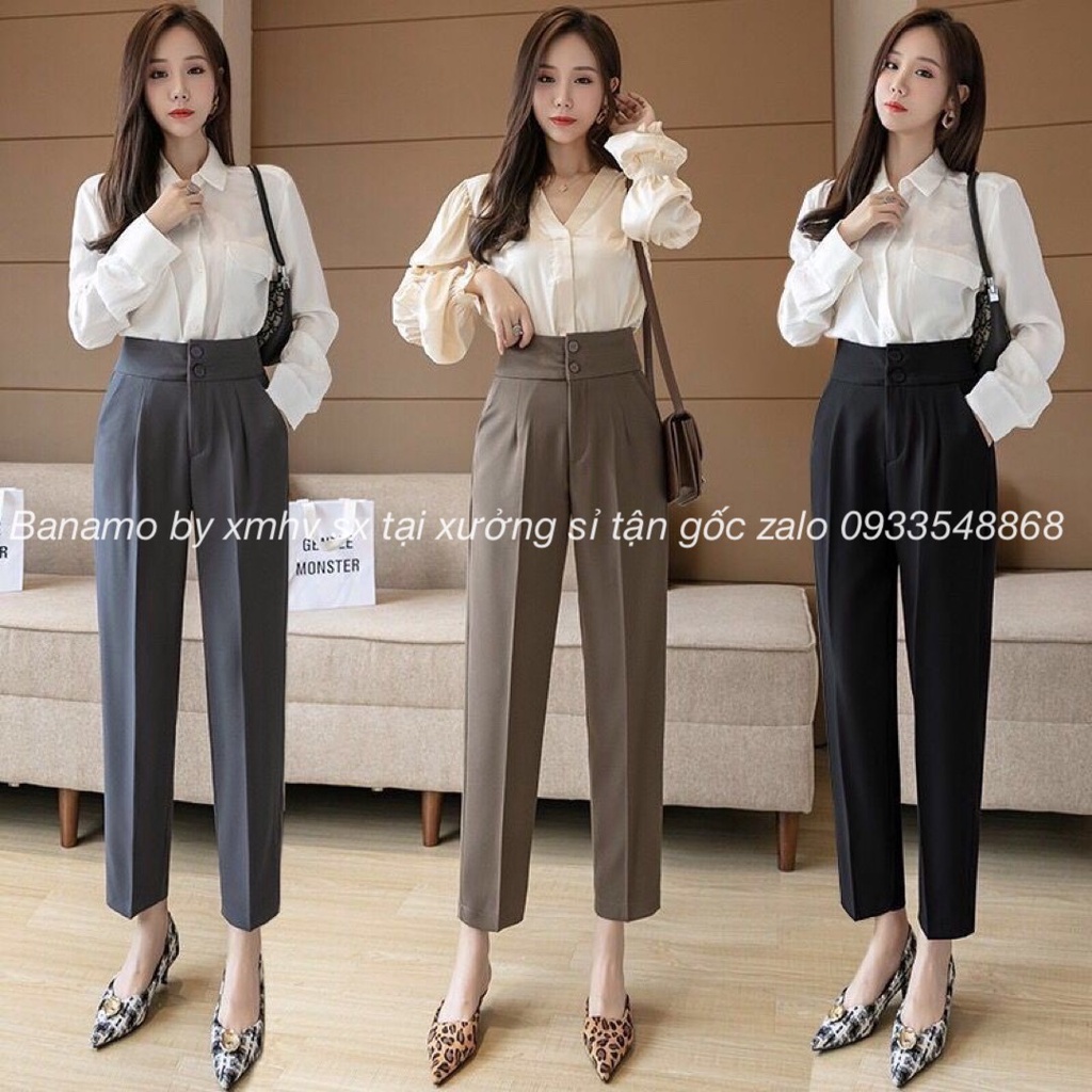 Quần baggy 2 khuy cạp cao baggy tây công sở màu đen thời trang Banamo Fashion 8333