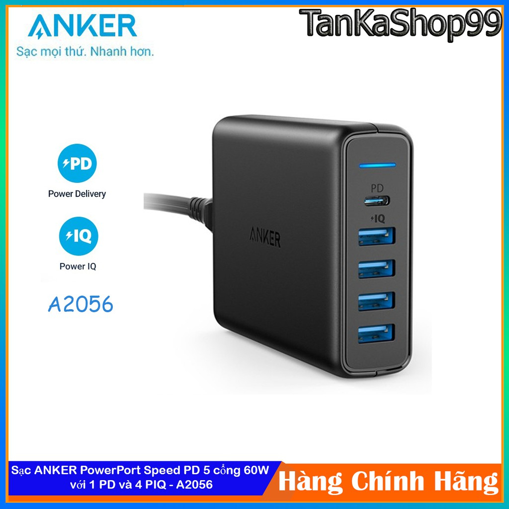 Sạc ANKER PowerPort Speed 5 60w , 1 USB-C PD , 5 USB A IQ - A2056