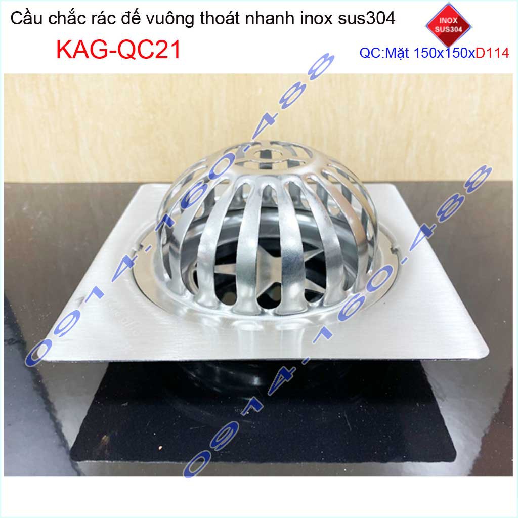 Cầu chắn rác đế vuông 15x15cm D114 KAG-QC21, Phễu thoát nước sân thượng SUS304 ống 11.4cm thoát nhanh chắn rác tốt