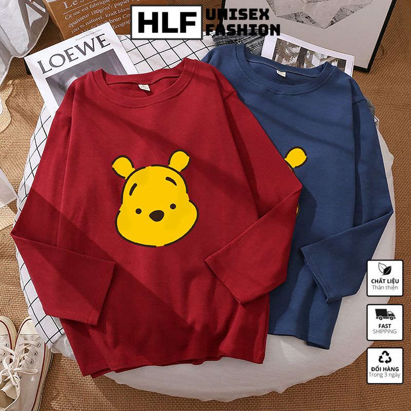 Áo thun dài tay form xuông rộng gấu vàng, áo thu đông nữ HLFashion