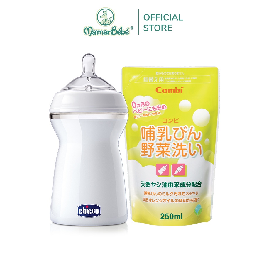 Combo 2 đồ Bình sữa Natural Feeling 6M+ Chicco chảy nhanh 330ml &amp; Dung dịch rửa bình sữa, rau củ quả từ dầu cọ Combi