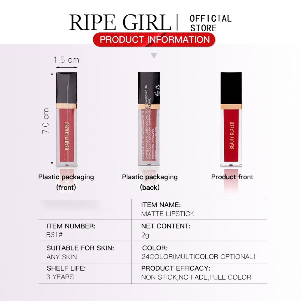 Son môi RIPE GIRL chống thấm nước 24 màu tùy chọn thời trang đẹp mắt