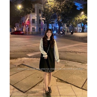 Đầm suông đen bo chun tay trắng - ciara