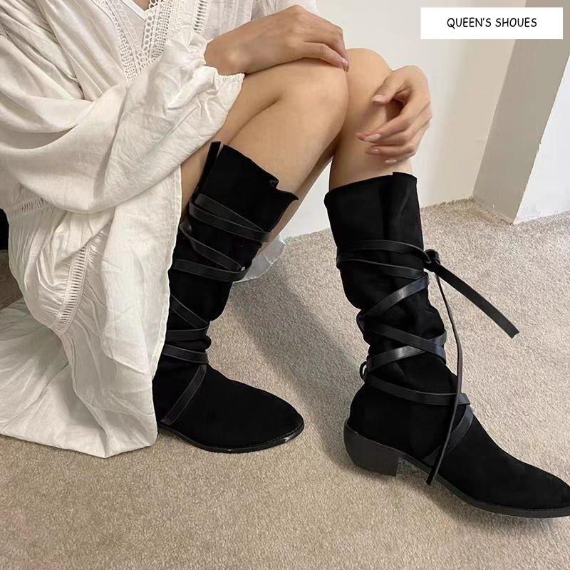 Giày Bốt Denim Mũi Nhọn Gót Thấp Buộc Dây Kiểu Retro Phương Tây Cá Tính Cho Nữ