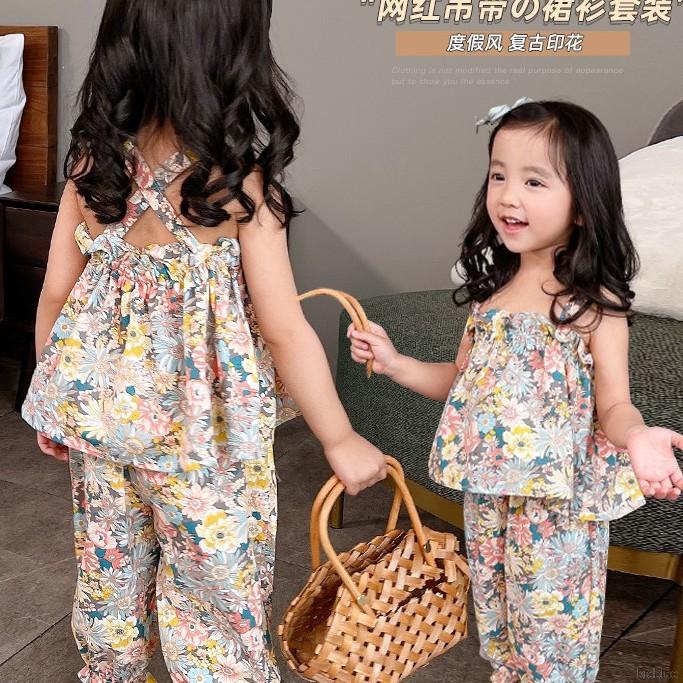 Bộ Áo Hai Dây + Quần Dài Chống Muỗi Phong Cách Phương Tây Cho Bé Gái