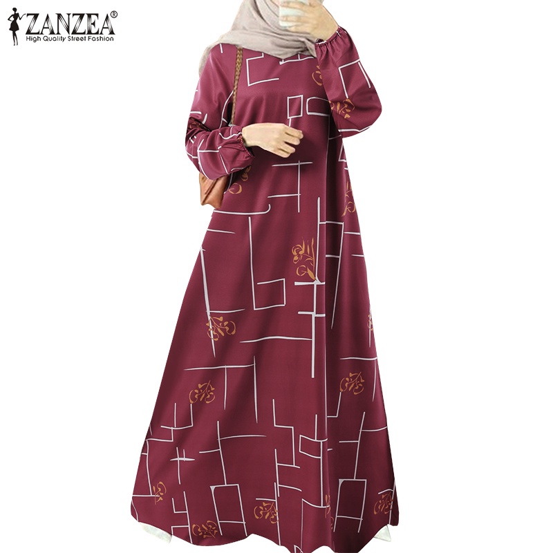 Đầm maxi ZANZEA tay dài cổ tròn in họa tiết phong cách cổ điển