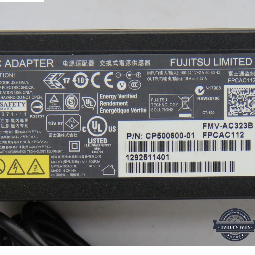 CHÍNH HÃNG  QUA SỬ DỤNG. BỘ SẠC NGUỒN ĐIỆN KÈM DÂY ADAPTER 19V 5.27A 5,27A FUJITSU 4.22A