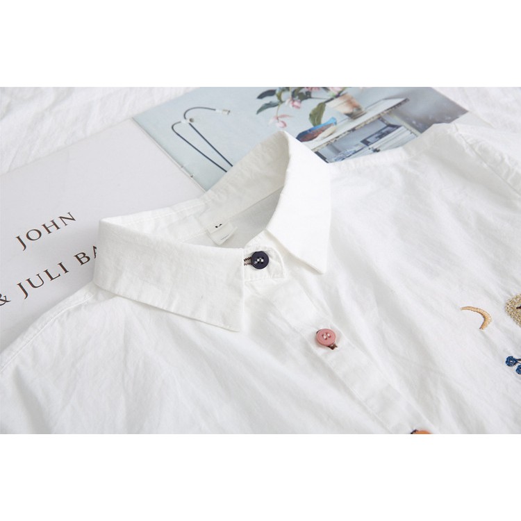 Áo sơ mi trắng nữ học sinh sinh viên dài tay thêu cú mèo phối cúc áo nhiều màu vải 100% cotton thời trang Nhật Bản Akira