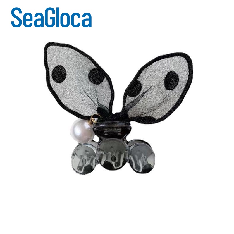 Kẹp tóc Seagloca hình tai thỏ dễ thương chất liệu ren đính ngọc trai giả họa tiết chấm bi