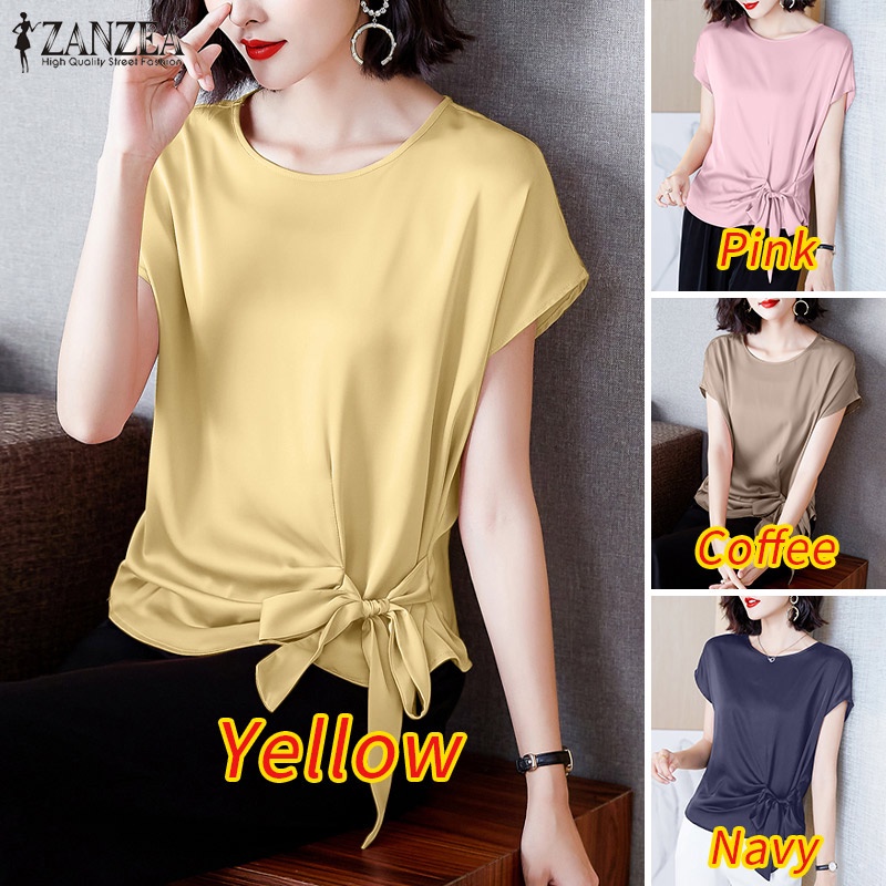 Áo kiểu ZANZEA vải satin tay ngắn cổ tròn ôm eo thời trang cho nữ