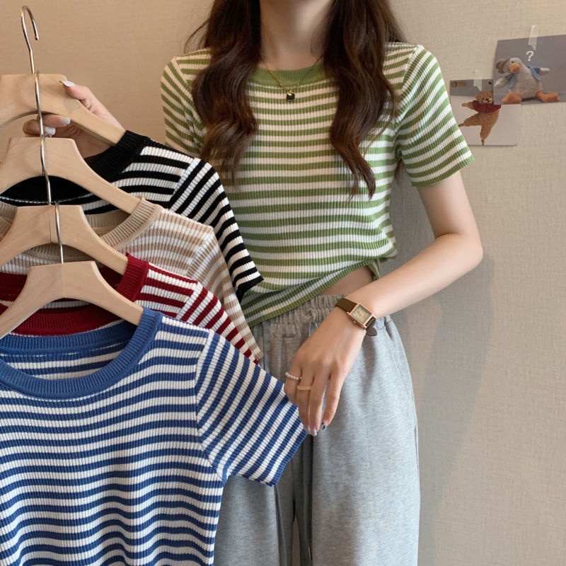 Áo Thun Dệt Kim Tay Ngắn Dáng Ôm In Họa Tiết Kẻ Sọc Thời Trang Mùa Hè 2022 Cho Nữ