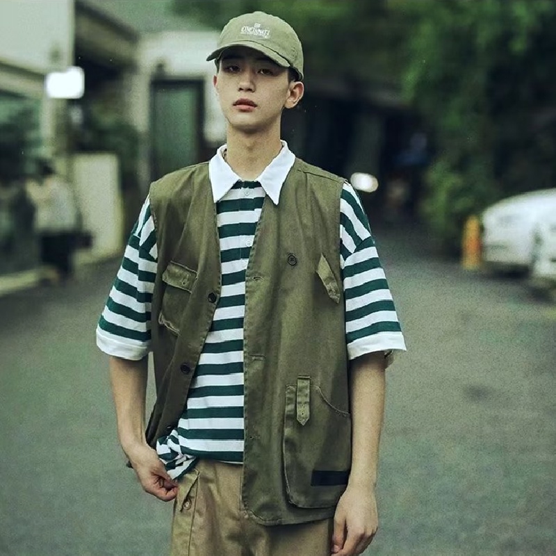 Áo Sơ Mi Không Tay Dáng Rộng Thoải Mái Nhiều Túi Phong Cách Hip Hop Đường Phố Nhật Bản Cho Nam [M-2XL]