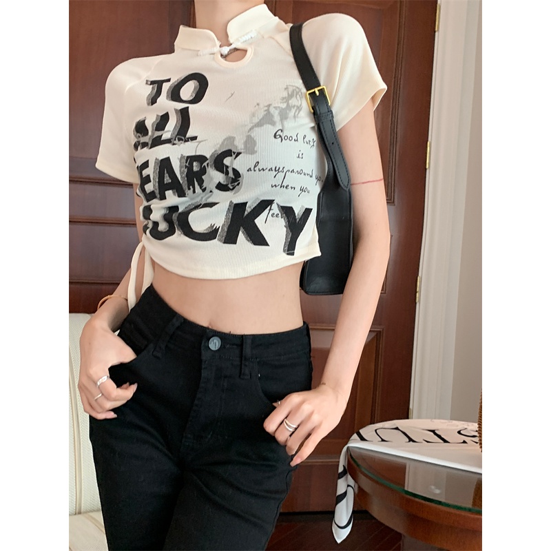 QKOOLE  Áo Thun Croptop Tay Ngắn Phối Dây Rút In Họa Tiết Kiểu Hàn Quốc Xinh Xắn Cho Nữ