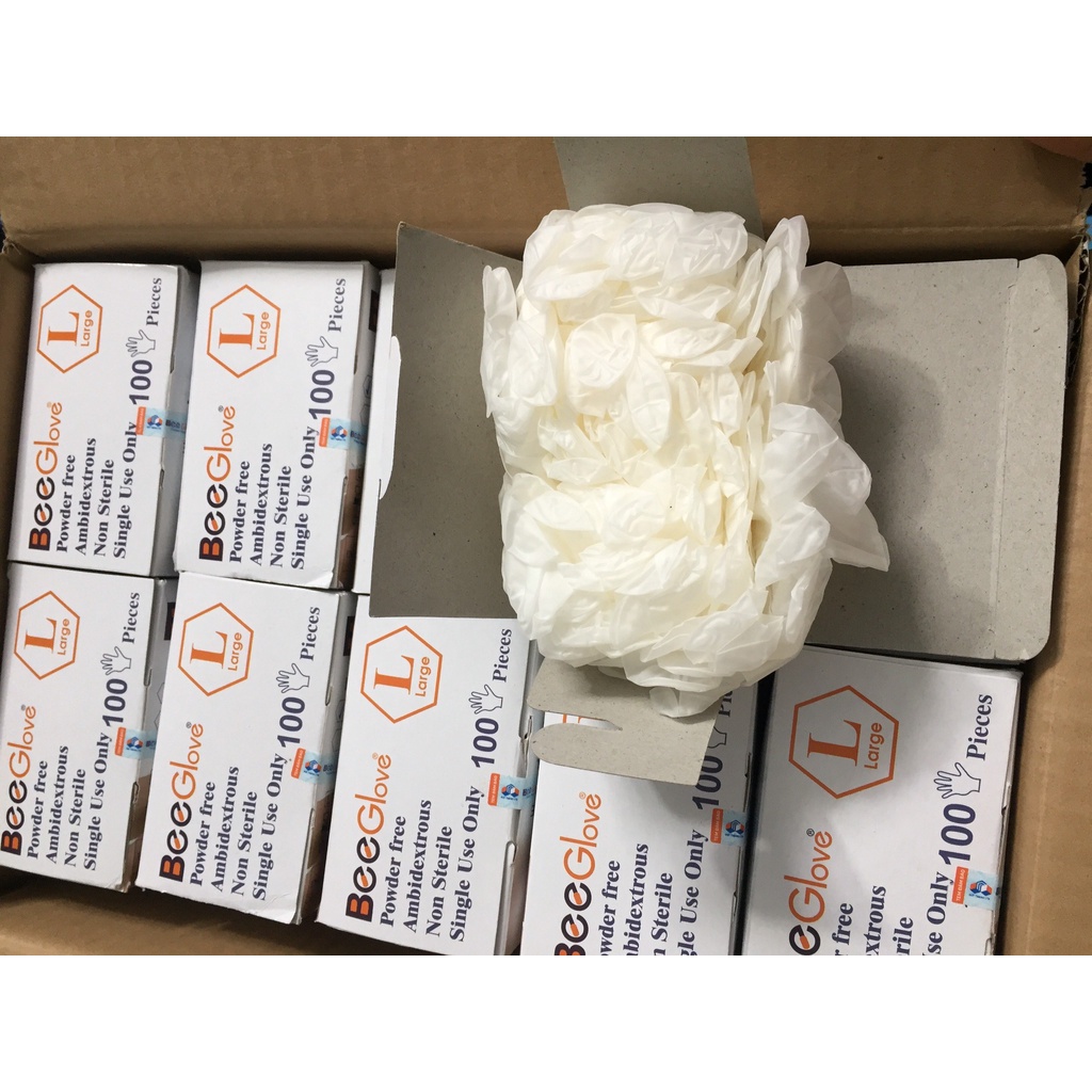 Găng tay y tế Nitrile Bee Glove màu trắng, thùng 10 hộp, hộp 100 cái