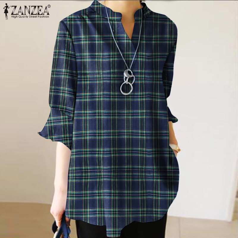 Áo kiểu ZANZEA cổ chữ V tay lửng họa tiết sọc caro thời trang cho nữ