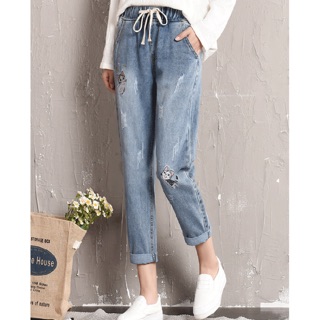 Quần jean baggy thun wash thêu 2 con mèo size cho người béo mập 70-100kg