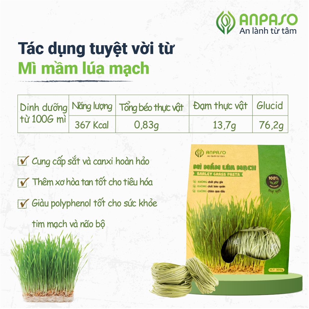 Mì Hữu Cơ Giảm Cân Organic Rau Củ Mầm Lúa Mạch Anpaso, Eat clean, ăn chay, không chiên nóng, tốt cho tiêu hóa 300g