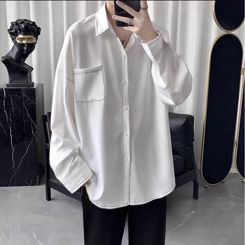 Sơmi Lụa tay dài CHỈ NỔI màu ĐEN/TRẮNG phong cách Ulzzang  Nam Nữ Uniex Áo Sơ mi form rộng Jaystoree2