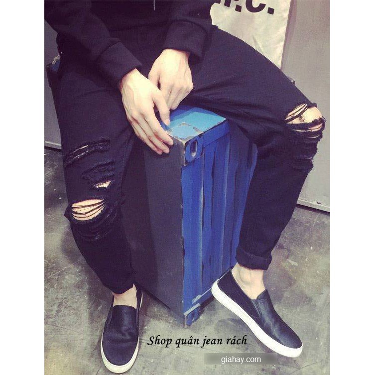 jeans đen phun rách kiểu